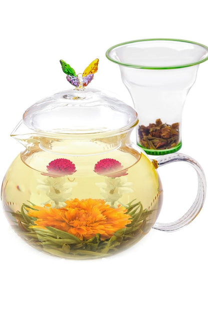 Teabloom Wings of Love Blooming Tea Gift Set - 40 oz Borosilicate Glass Teapot, Teapot Warmer, Glass Loose Tea Infuser, 12 Fruit Flowering T