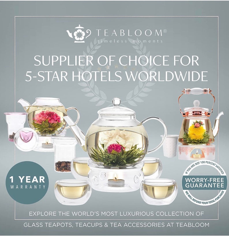 Teabloom Wings of Love Blooming Tea Gift Set - 40 oz Borosilicate Glass Teapot, Teapot Warmer, Glass Loose Tea Infuser, 12 Fruit Flowering T