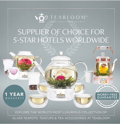 Teabloom Wings of Love Blooming Tea Gift Set - 40 oz Borosilicate Glass Teapot, Teapot Warmer, Glass Loose Tea Infuser, 12 Fruit Flowering T