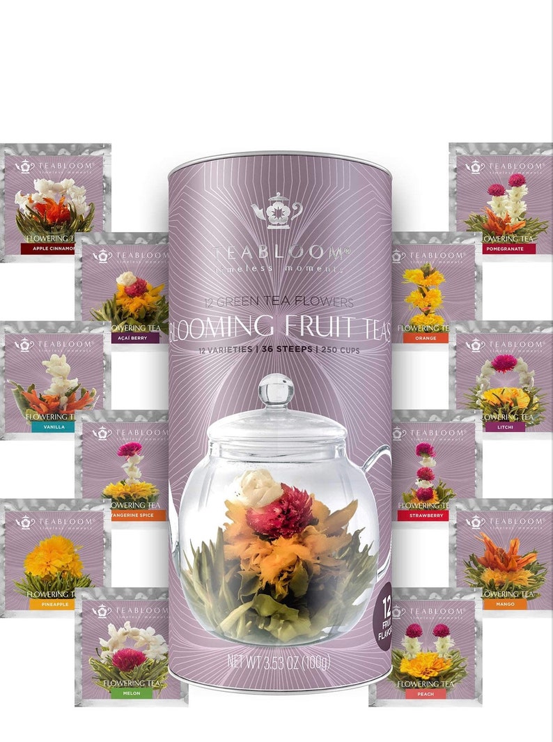 Teabloom Wings of Love Blooming Tea Gift Set - 40 oz Borosilicate Glass Teapot, Teapot Warmer, Glass Loose Tea Infuser, 12 Fruit Flowering T