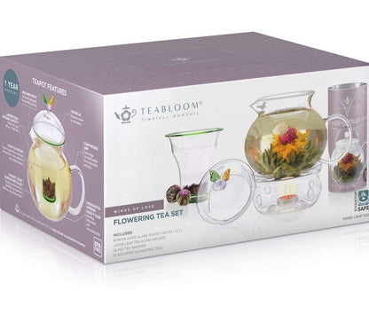 Teabloom Wings of Love Blooming Tea Gift Set - 40 oz Borosilicate Glass Teapot, Teapot Warmer, Glass Loose Tea Infuser, 12 Fruit Flowering T